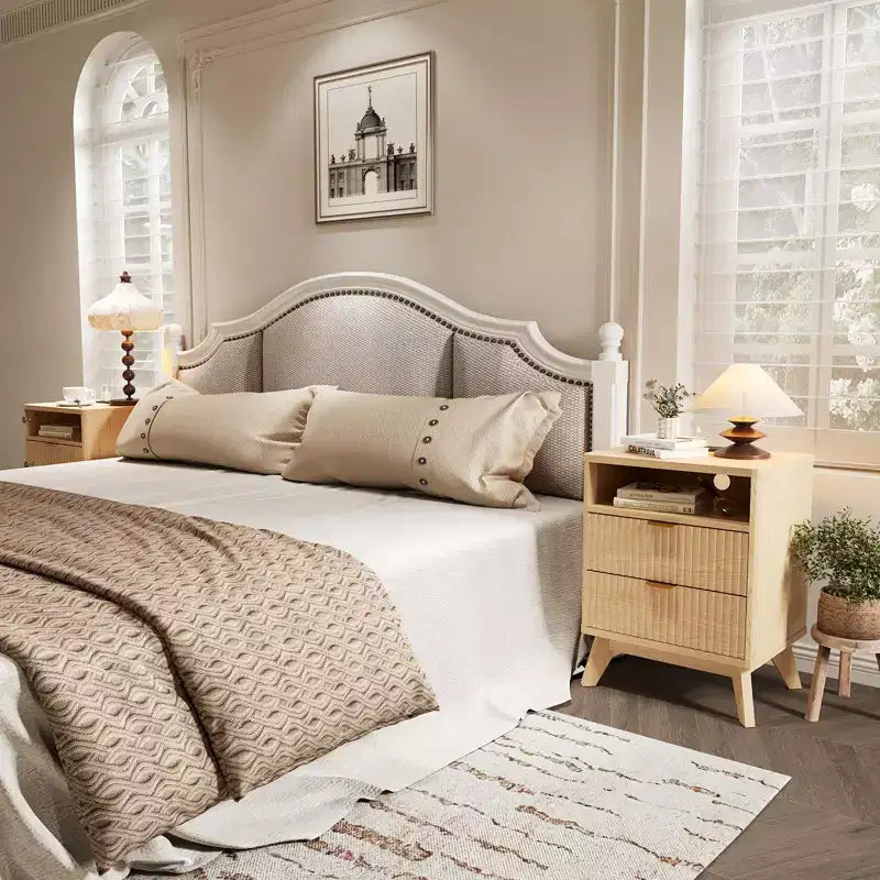 Modern Fluted Nightstand, Wood Bedside Table with USB Ports and Outlets, 2 Drawers and Open Shelf, Natural