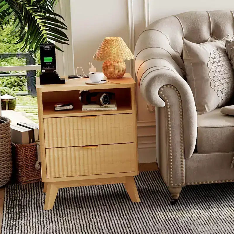 Modern Fluted Nightstand, Wood Bedside Table with USB Ports and Outlets, 2 Drawers and Open Shelf, Natural