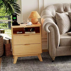 Modern Fluted Nightstand, Wood Bedside Table with USB Ports and Outlets, 2 Drawers and Open Shelf, Natural
