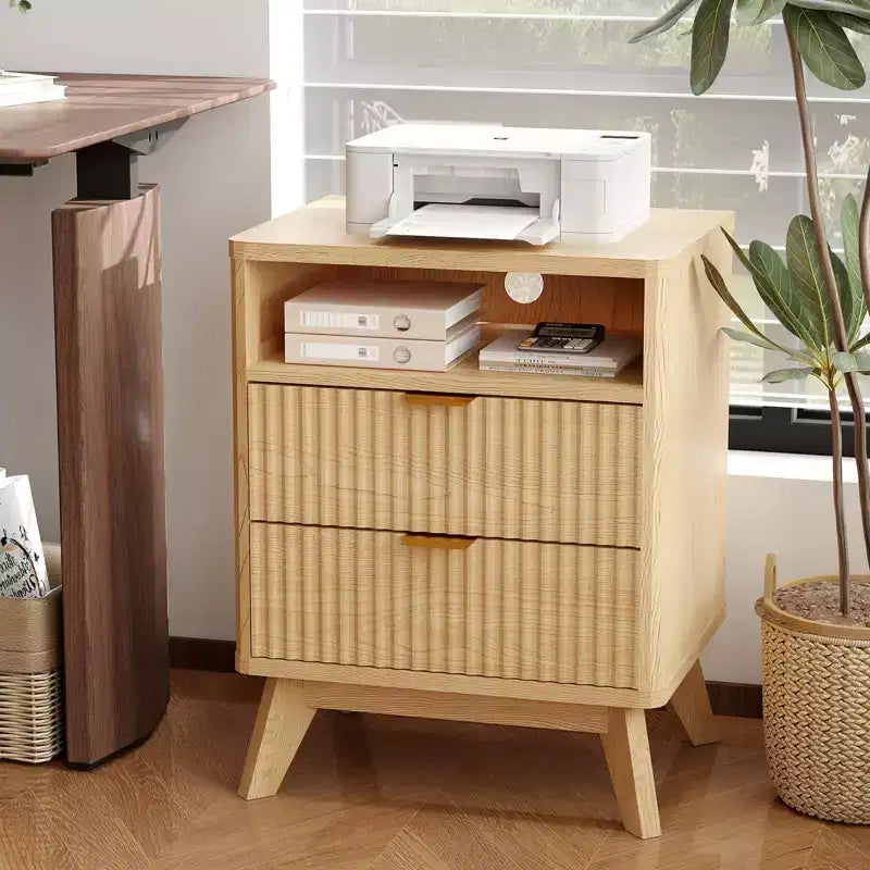 Modern Fluted Nightstand, Wood Bedside Table with USB Ports and Outlets, 2 Drawers and Open Shelf, Natural