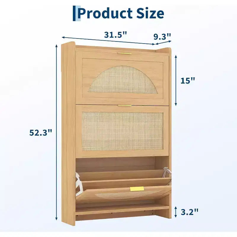 Rattan Shoe Cabinet with Flip Drawers, 3-Tier Space-Saving Shoe Storage Cabinet for Entryway, Modern Slim Hallway Shoe Organizer