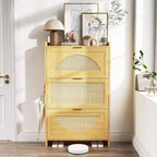 Rattan Shoe Cabinet with Flip Drawers, 3-Tier Space-Saving Shoe Storage Cabinet for Entryway, Modern Slim Hallway Shoe Organizer
