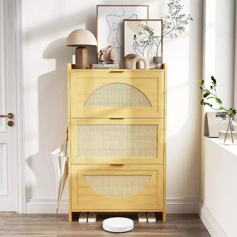 Rattan Shoe Cabinet with Flip Drawers, 3-Tier Space-Saving Shoe Storage Cabinet for Entryway, Modern Slim Hallway Shoe Organizer