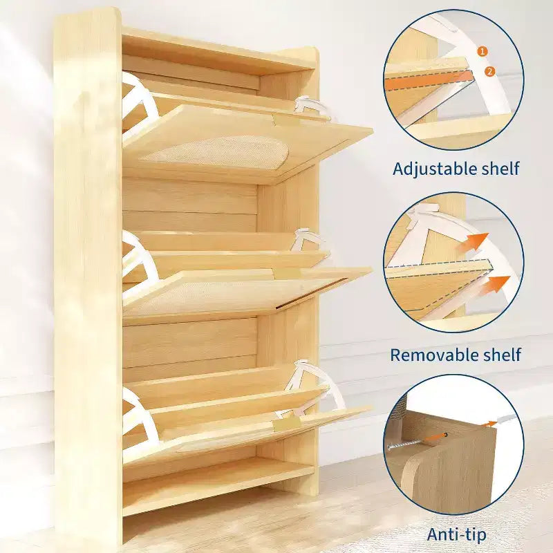 Rattan Shoe Cabinet with Flip Drawers, 3-Tier Space-Saving Shoe Storage Cabinet for Entryway, Modern Slim Hallway Shoe Organizer