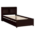 Twin Wood Bed with Trundle and Bookcase Headboard for Small Room and Guest Room