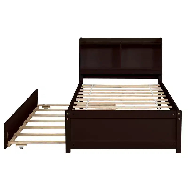 Twin Wood Bed with Trundle and Bookcase Headboard for Small Room and Guest Room