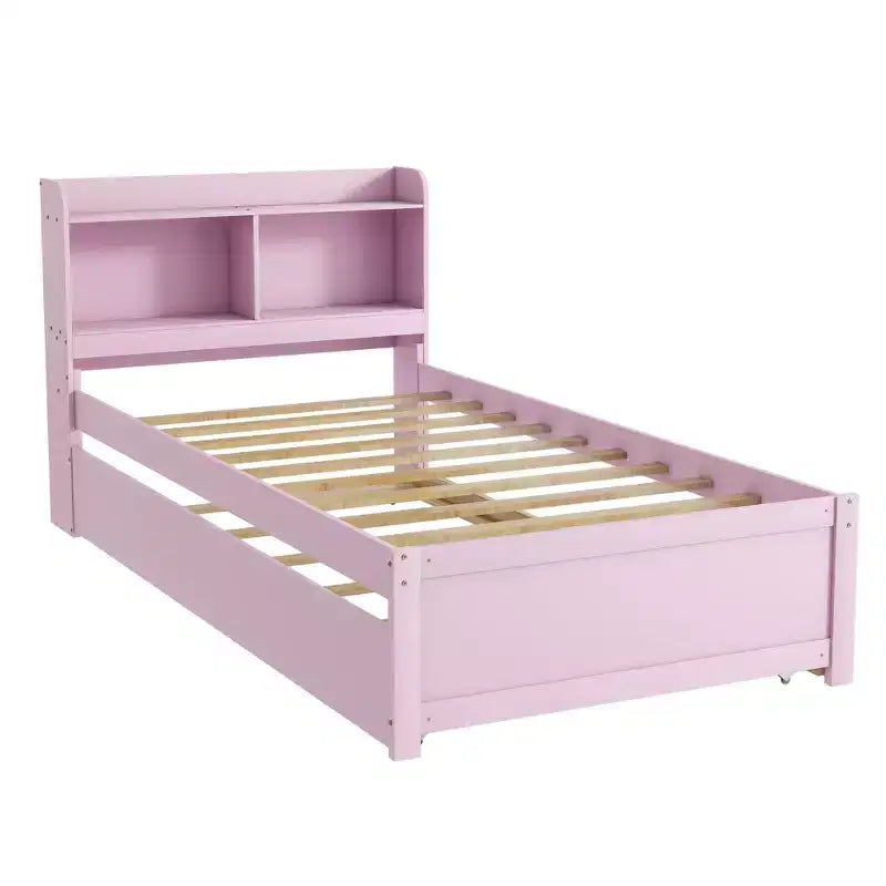 Twin Wood Bed with Trundle and Bookcase Headboard for Small Room and Guest Room