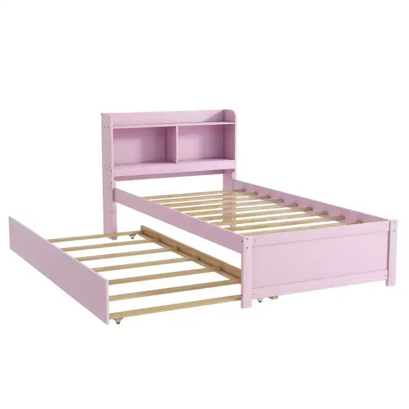 Twin Wood Bed with Trundle and Bookcase Headboard for Small Room and Guest Room