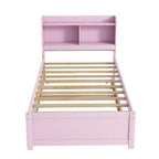 Twin Wood Bed with Trundle and Bookcase Headboard for Small Room and Guest Room