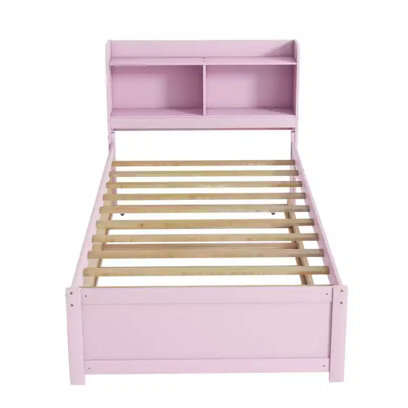 Twin Wood Bed with Trundle and Bookcase Headboard for Small Room and Guest Room