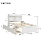 Twin Wood Bed with Trundle and Bookcase Headboard for Small Room and Guest Room
