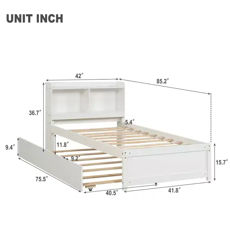 Twin Wood Bed with Trundle and Bookcase Headboard for Small Room and Guest Room
