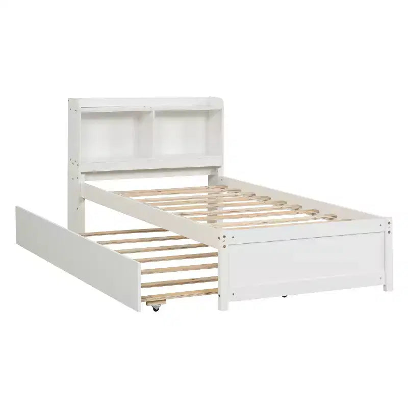 Twin Wood Bed with Trundle and Bookcase Headboard for Small Room and Guest Room