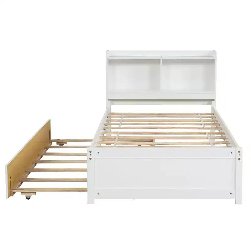 Twin Wood Bed with Trundle and Bookcase Headboard for Small Room and Guest Room