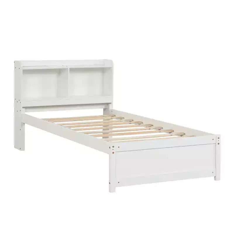 Twin Wood Bed with Trundle and Bookcase Headboard for Small Room and Guest Room