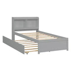 Twin Wood Bed with Trundle and Bookcase Headboard for Small Room and Guest Room