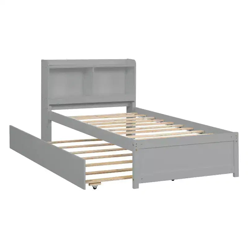 Twin Wood Bed with Trundle and Bookcase Headboard for Small Room and Guest Room