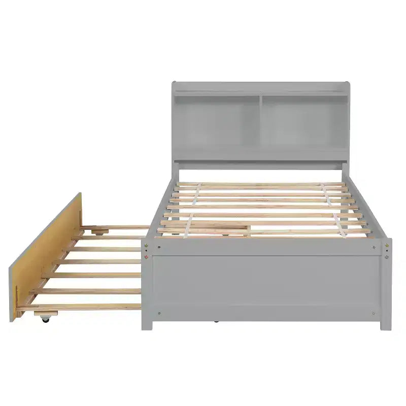 Twin Wood Bed with Trundle and Bookcase Headboard for Small Room and Guest Room