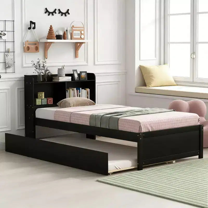 Twin Wood Bed with Trundle and Bookcase Headboard for Small Room and Guest Room