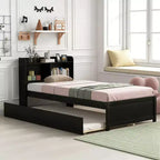 Twin Wood Bed with Trundle and Bookcase Headboard for Small Room and Guest Room