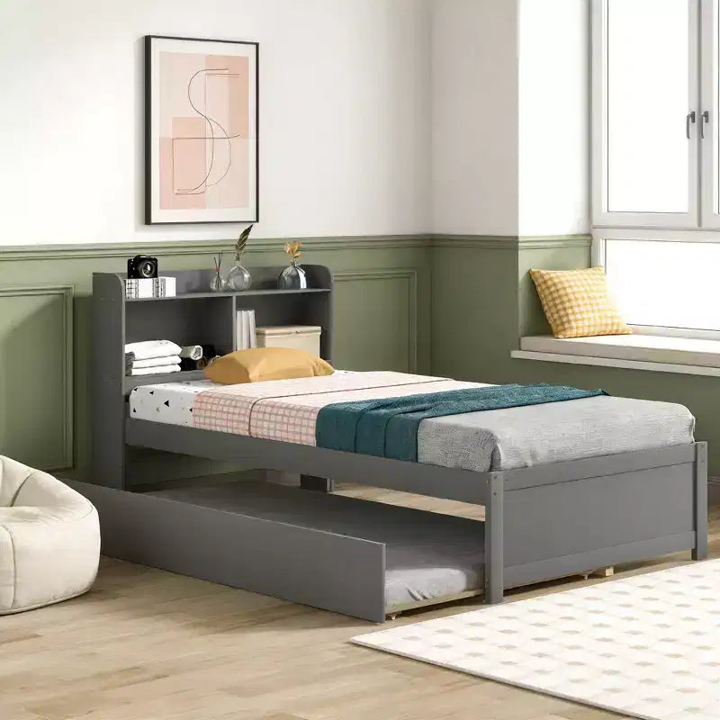 Twin Wood Bed with Trundle and Bookcase Headboard for Small Room and Guest Room