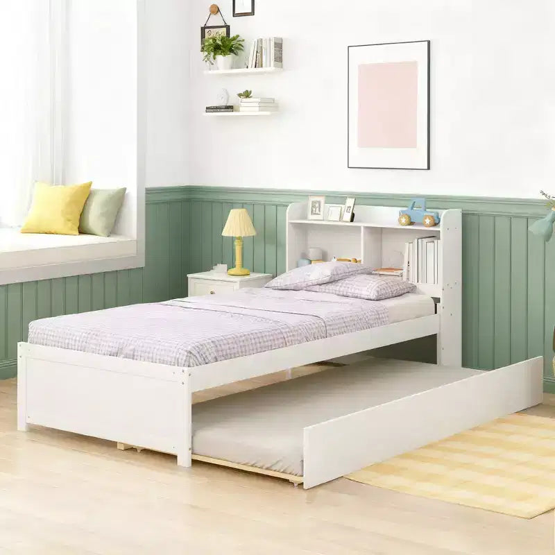 Twin Wood Bed with Trundle and Bookcase Headboard for Small Room and Guest Room
