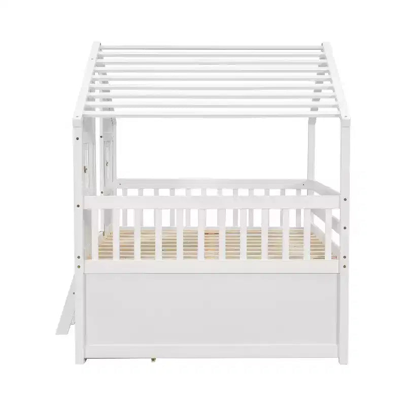 Full Size House Loft Bed with Roof, 2 Windows, 4 Storage Drawers, Safety Guardrails and Ladder