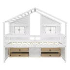 Full Size House Loft Bed with Roof, 2 Windows, 4 Storage Drawers, Safety Guardrails and Ladder