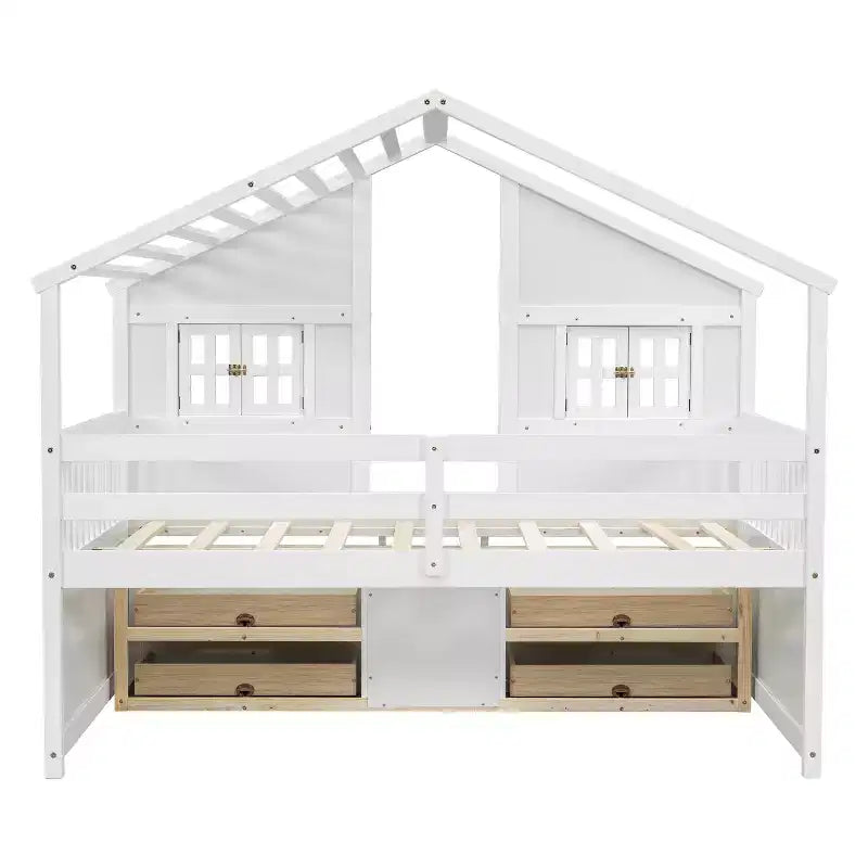 Full Size House Loft Bed with Roof, 2 Windows, 4 Storage Drawers, Safety Guardrails and Ladder