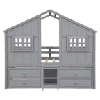 Full Size House Loft Bed with Roof, 2 Windows, 4 Storage Drawers, Safety Guardrails and Ladder