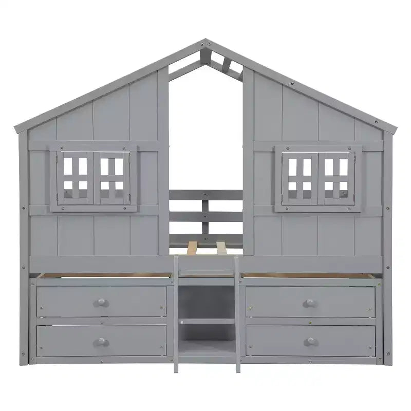 Full Size House Loft Bed with Roof, 2 Windows, 4 Storage Drawers, Safety Guardrails and Ladder