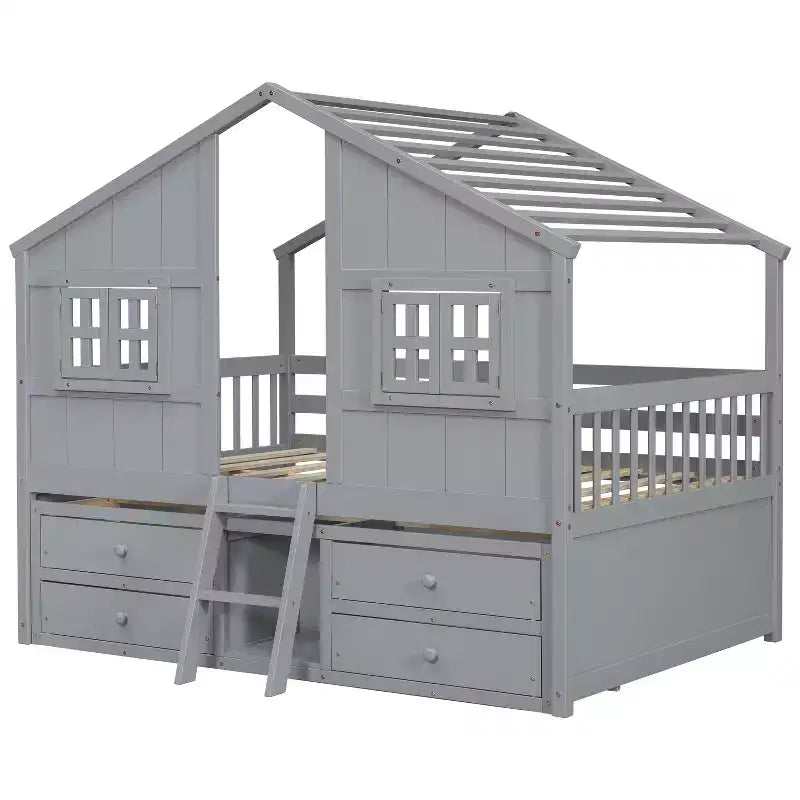 Full Size House Loft Bed with Roof, 2 Windows, 4 Storage Drawers, Safety Guardrails and Ladder