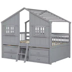 Full Size House Loft Bed with Roof, 2 Windows, 4 Storage Drawers, Safety Guardrails and Ladder