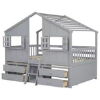 Full Size House Loft Bed with Roof, 2 Windows, 4 Storage Drawers, Safety Guardrails and Ladder