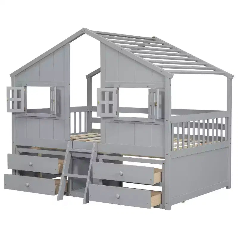 Full Size House Loft Bed with Roof, 2 Windows, 4 Storage Drawers, Safety Guardrails and Ladder