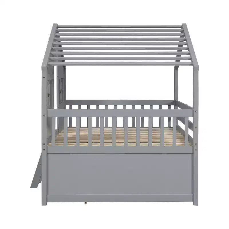 Full Size House Loft Bed with Roof, 2 Windows, 4 Storage Drawers, Safety Guardrails and Ladder