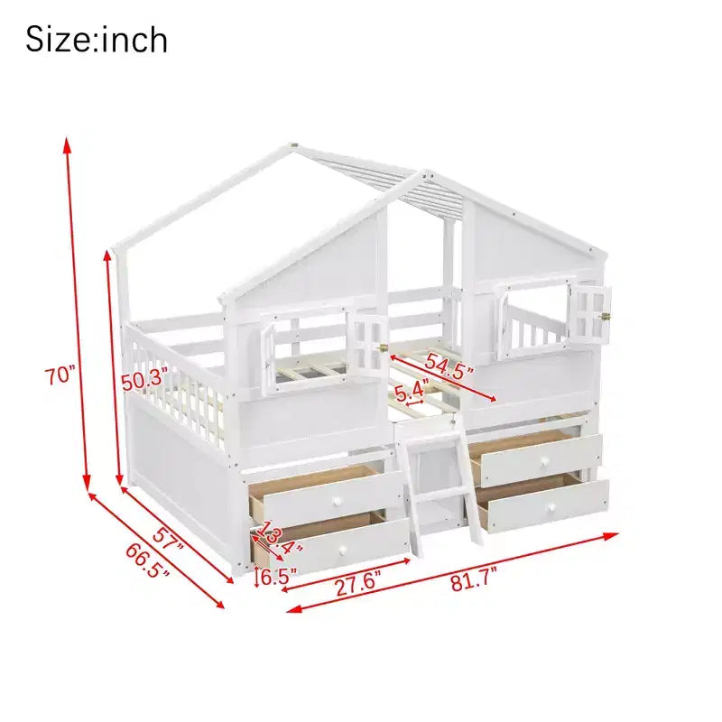 Full Size House Loft Bed with Roof, 2 Windows, 4 Storage Drawers, Safety Guardrails and Ladder