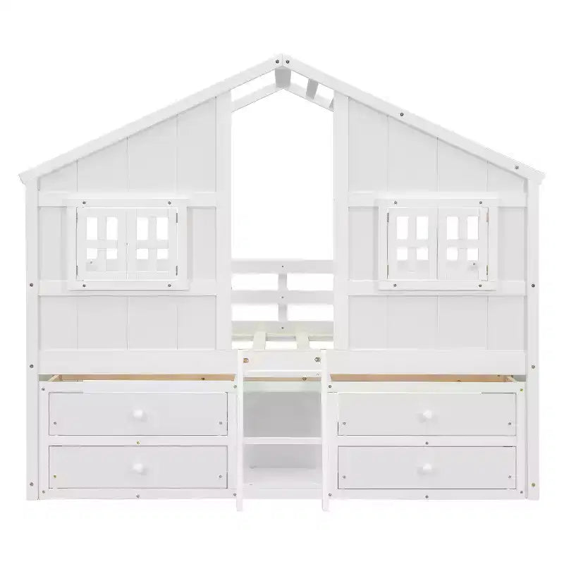 Full Size House Loft Bed with Roof, 2 Windows, 4 Storage Drawers, Safety Guardrails and Ladder