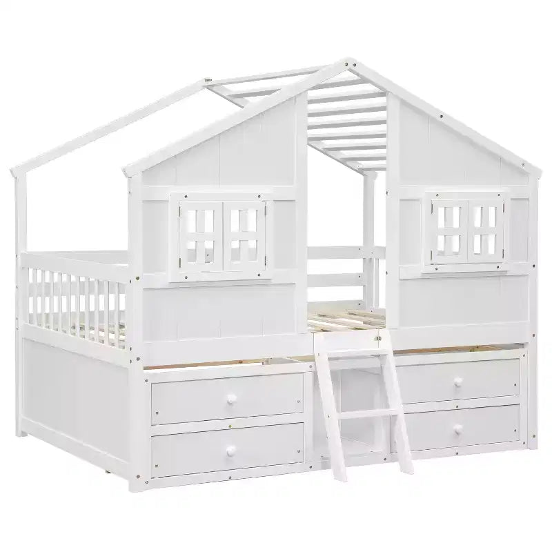 Full Size House Loft Bed with Roof, 2 Windows, 4 Storage Drawers, Safety Guardrails and Ladder