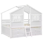 Full Size House Loft Bed with Roof, 2 Windows, 4 Storage Drawers, Safety Guardrails and Ladder