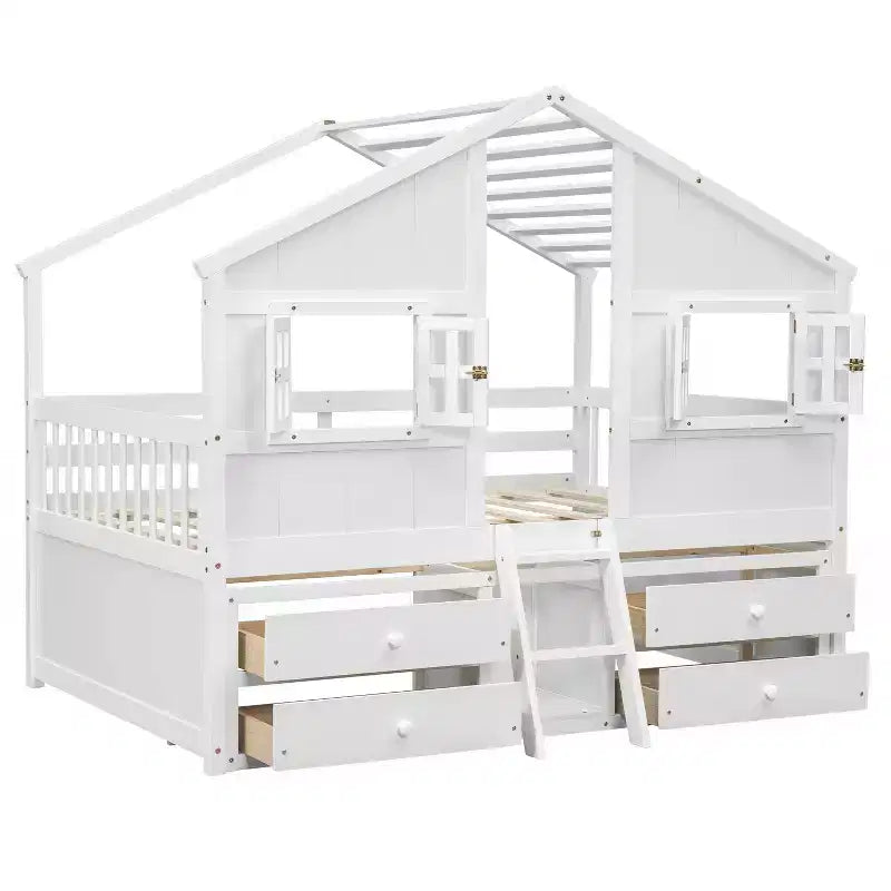 Full Size House Loft Bed with Roof, 2 Windows, 4 Storage Drawers, Safety Guardrails and Ladder
