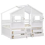 Full Size House Loft Bed with Roof, 2 Windows, 4 Storage Drawers, Safety Guardrails and Ladder