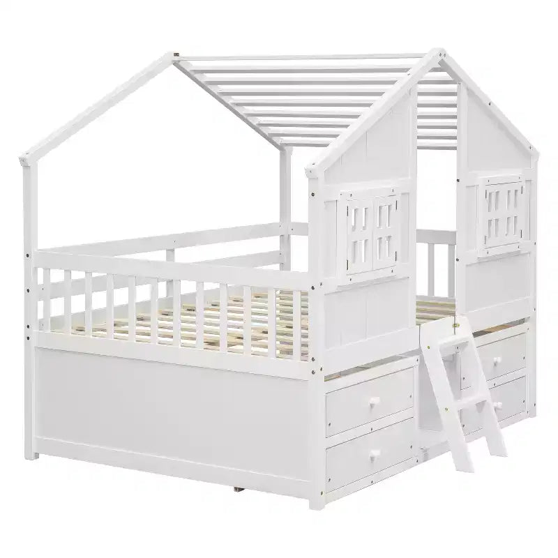 Full Size House Loft Bed with Roof, 2 Windows, 4 Storage Drawers, Safety Guardrails and Ladder