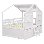 Full Size House Loft Bed with Roof, 2 Windows, 4 Storage Drawers, Safety Guardrails and Ladder