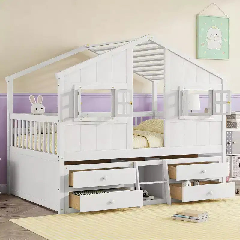 Full Size House Loft Bed with Roof, 2 Windows, 4 Storage Drawers, Safety Guardrails and Ladder