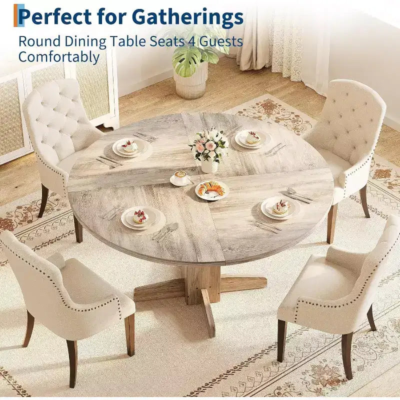 47 Round Dining Table for 4-6, Farmhouse Wood Kitchen Table with Sturdy Pedestal Base, Circle Dinner Table for Dining Room or Apartment