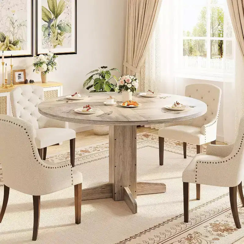 47 Round Dining Table for 4-6, Farmhouse Wood Kitchen Table with Sturdy Pedestal Base, Circle Dinner Table for Dining Room or Apartment
