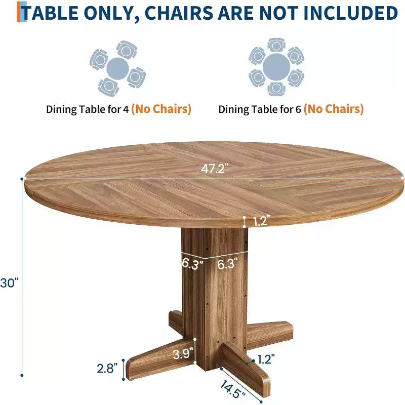 47 Round Dining Table for 4-6, Farmhouse Wood Kitchen Table with Sturdy Pedestal Base, Circle Dinner Table for Dining Room or Apartment