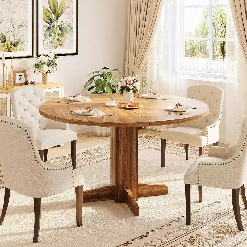47 Round Dining Table for 4-6, Farmhouse Wood Kitchen Table with Sturdy Pedestal Base, Circle Dinner Table for Dining Room or Apartment