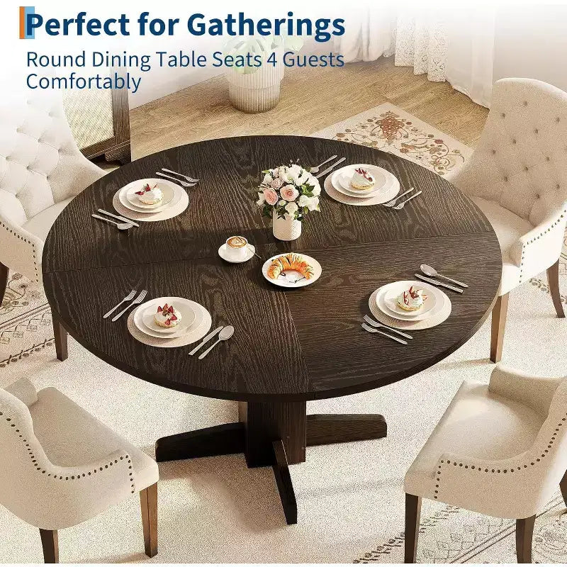 47 Round Dining Table for 4-6, Farmhouse Wood Kitchen Table with Sturdy Pedestal Base, Circle Dinner Table for Dining Room or Apartment